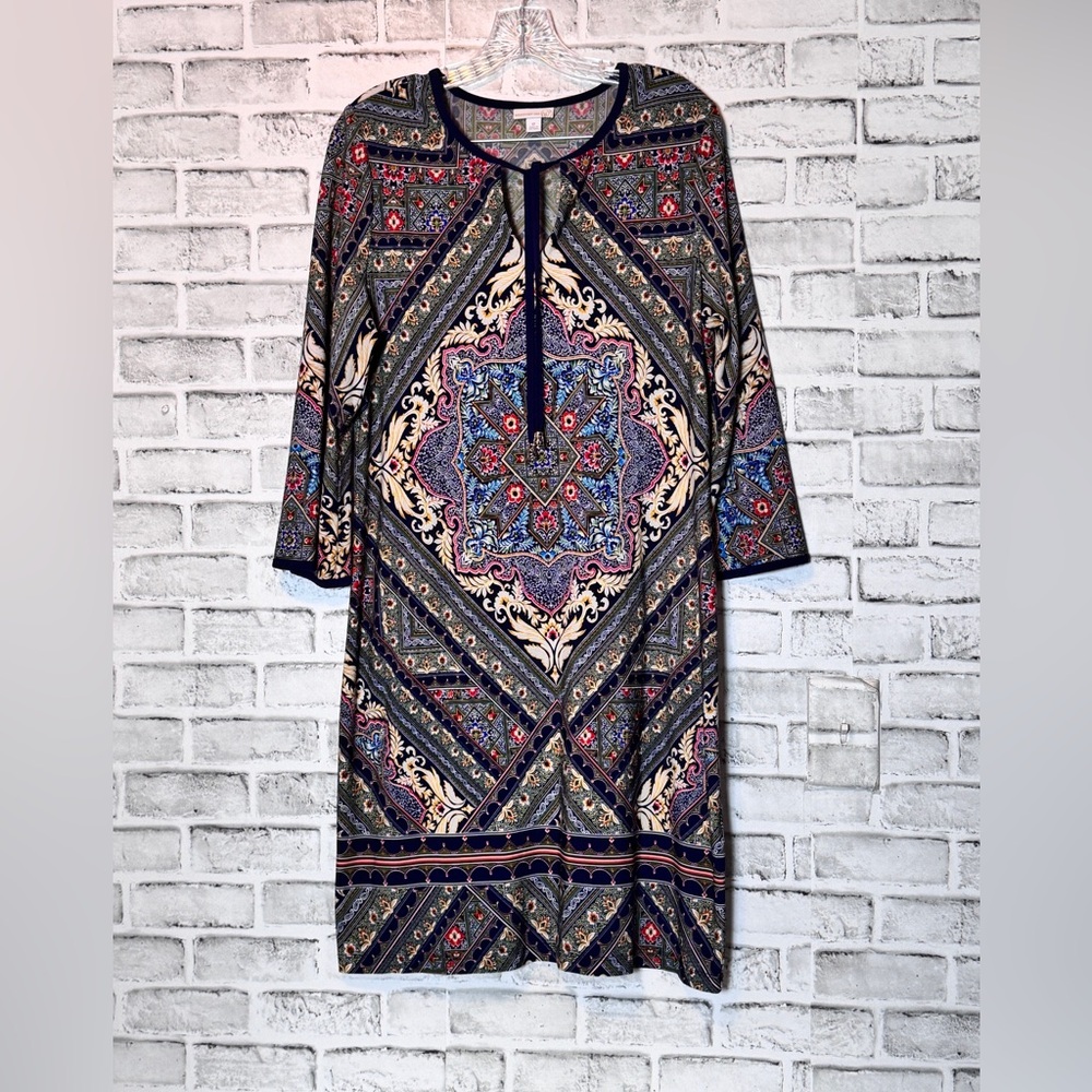 Westport Blue Red 3/4 Sleeve Casual Dress Bohemian boho style size 12 mini dress